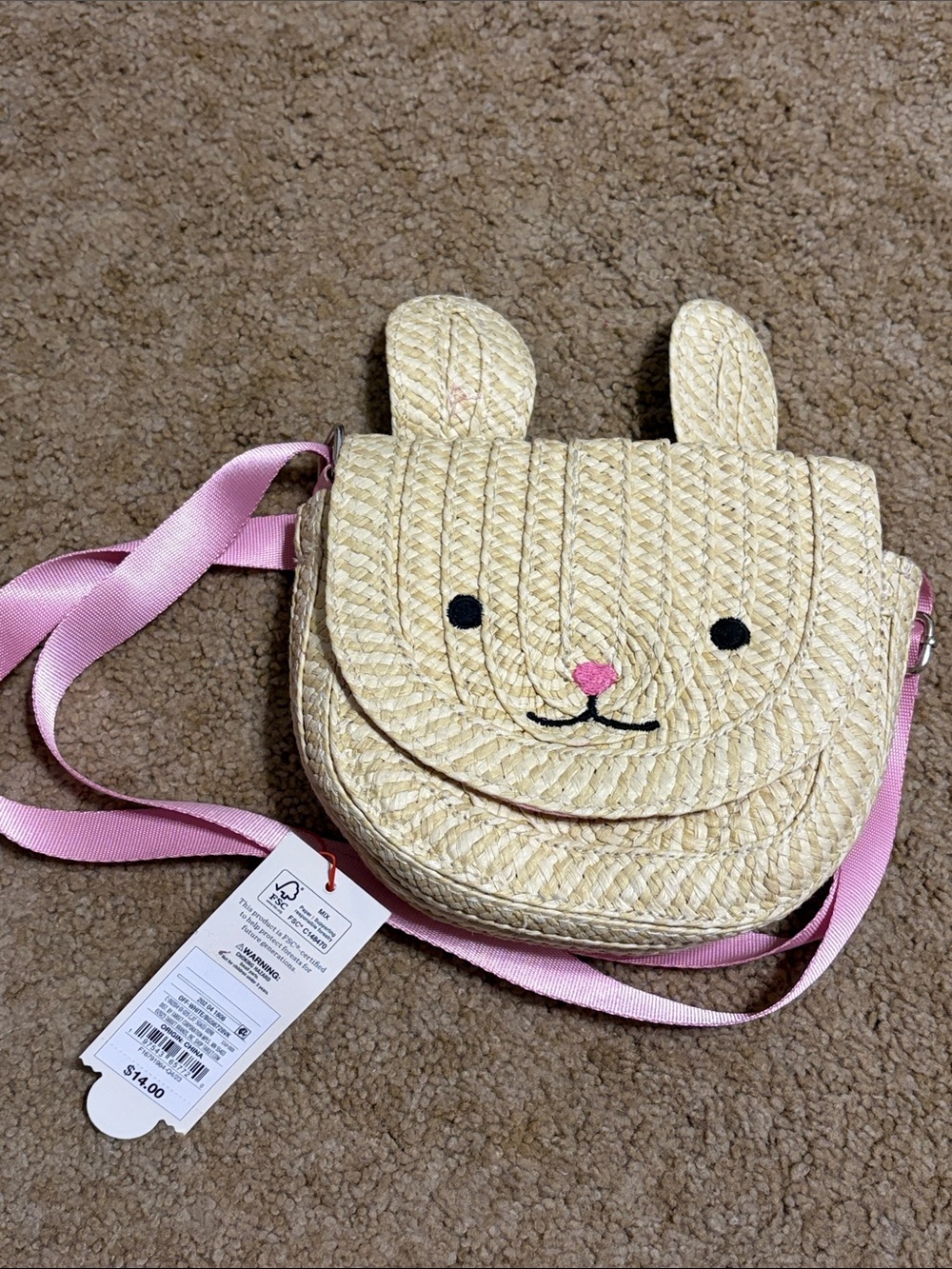 NWT-Straw Bunny Crossbody Bag with Pink Strap